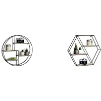 LIFA LIVING Estantería de Pared Redonda de Madera y Metal Negro + Living - Estantería Hexagonal de Pared (Madera…